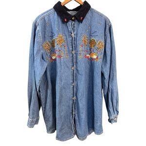 Autumn Scene Embroidered Denim Top with Corduroy Collar